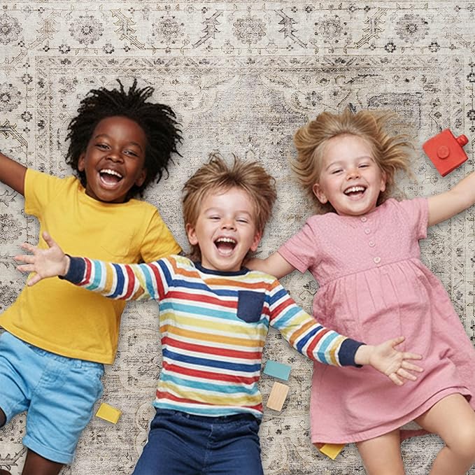 ReaLife Rugs Machine Washable Area Rug Runner - Living Room Bedroom Bathroom Kitchen Entryway Office - Padded Low Pile Stain Resistant Premium - Boho Farmhouse Vintage - Joy - Beige Ivory 2'6" x 8'