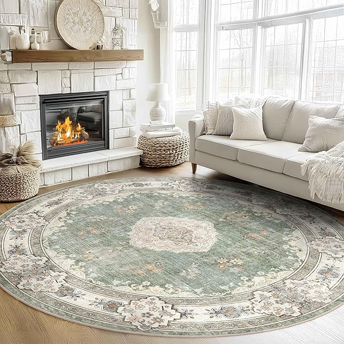 MUJOO Green Round Rug 9ft,Large Circle Washable Area Rugs for Bedroom Living Room Bathroom,Boho Non Slip Circular Carpet,Sage Floral