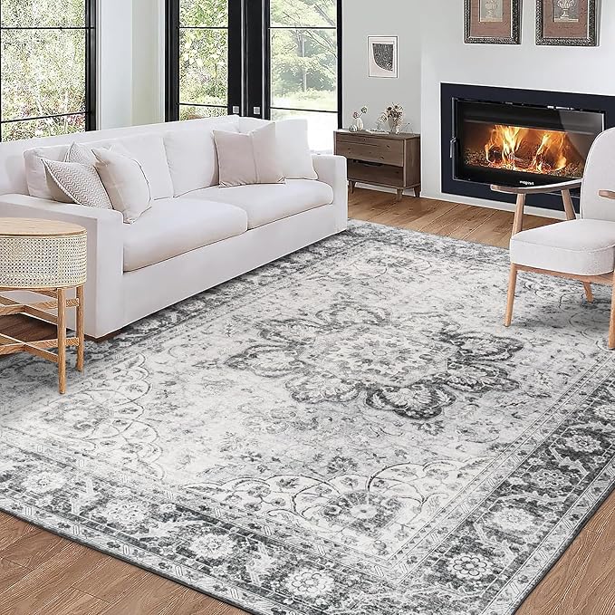 ReaLife Rugs Machine Washable Area Rug Runner - Living Room Bedroom Bathroom Kitchen Entryway Office - Padded Low Pile Stain Resistant Premium - Boho Farmhouse Vintage - Joy - Gray 3' x 5'
