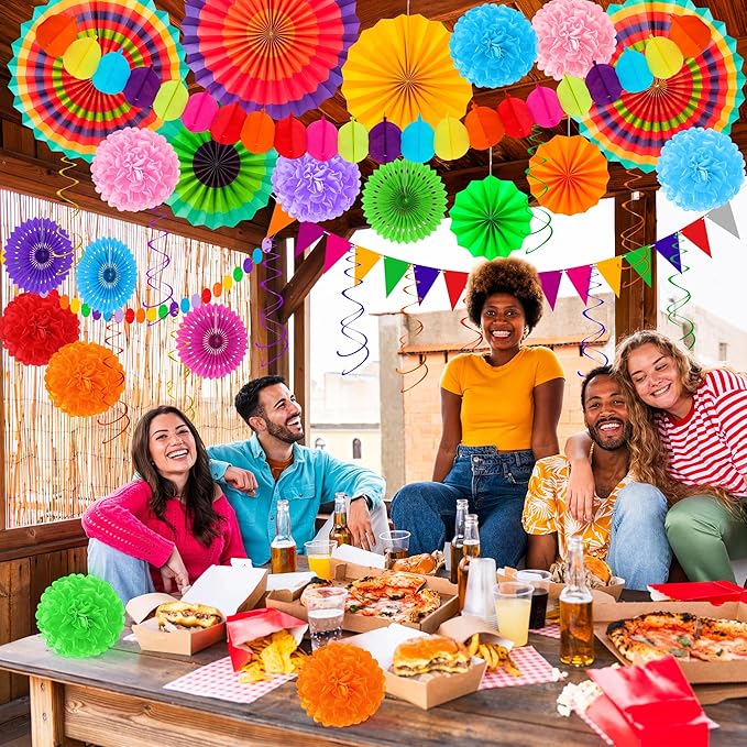 35 PCS Cinco De Mayo Decorations, Fiesta Party Decorations Hispanic Heritage Month Decorations Banner Paper Fans Tissue Pompom Swirls Garland for Day of Dead Mexican Party Decor Supplies Decor