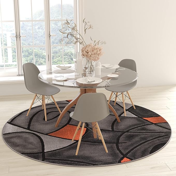 Masada Masada Rugs Trendz Collection 7'x7' Round Modern Contemporary Round Area Rug in Orange, Gray, and Black