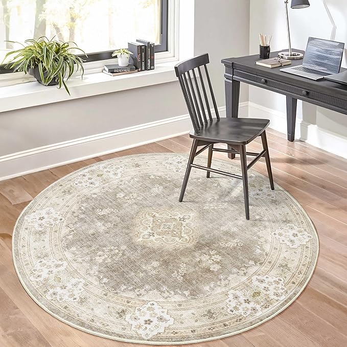 MUJOO Beige Round Rug 5ft,Circle Washable Area Rugs for Bedroom Living Room Bathroom,Boho Vintage Bohemian Distressed Farmhouse Large Non Slip Circular Carpet,Floral