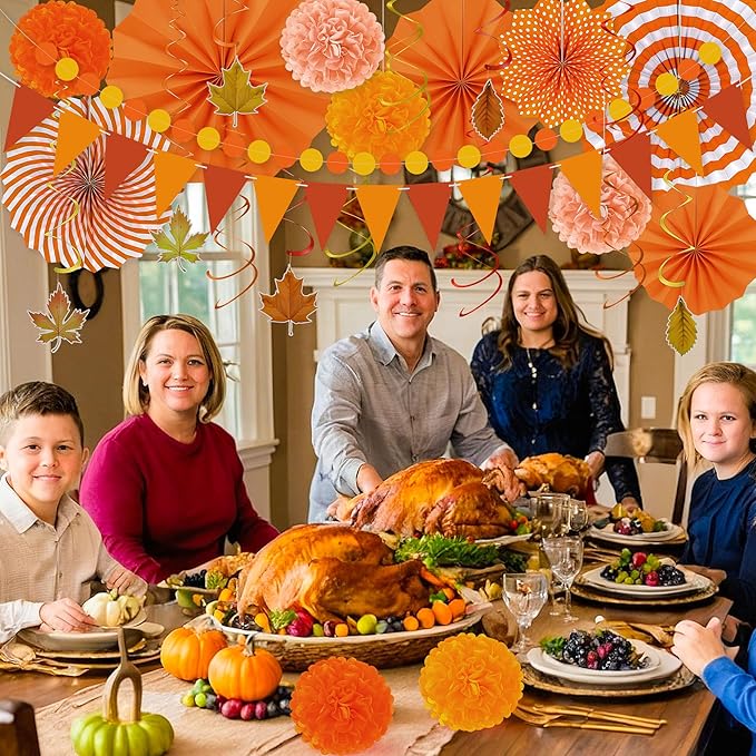 27PCS Thanksgiving Decorations, Happy Thanksgiving Banner, Orange Yellow Harvest Pompom Garland Paper Fan Hanging Swirls for Fall Harvest Party Decorations Decor Accessories Indoor Outdoor Supplies