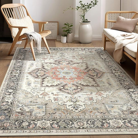 Area Rug for Living Room - 5x7 Soft Machine Washable Oriental Vintage Floral Distressed Large Indoor Floor Carpet for Bedroom Under Dining Table Home Office Decor - Multi Cream