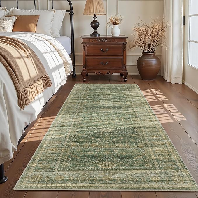 2.6x8 Runner Rug for Hallways Vintage Distressed Non Slip Long Carpet Floral Boho Distress Print Pattern Mat Lightweight Retro Accent Throw Carpet for Kitchen Bedroom Bedside Laundry Room-Green