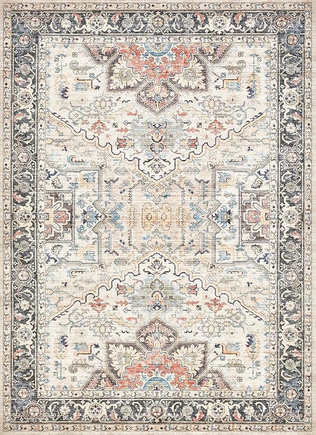 Area Rug 5x7 for Living Room - Washable Oriental Vintage Floral Distressed Large Indoor Carpets with Non Slip Back for Bedroom Dining Room Nursery Office Home Decor -Multi