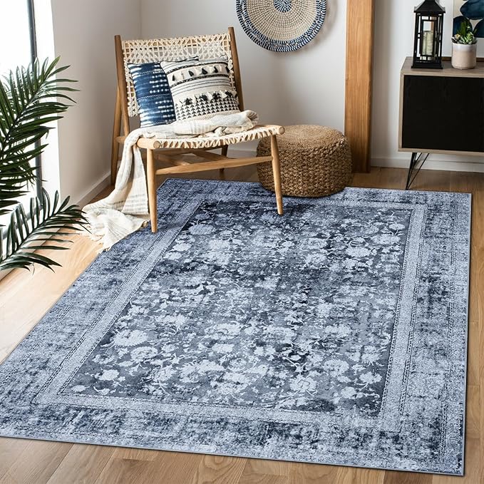 Area Rug 3×5, Vintage Boho Rug,Ultra-Soft Low Pile, Washable, Non Slip,Stain Resistant Printed Carpet for Living Room Bedrooms Playroom Office Kitchen, Solid/Blue