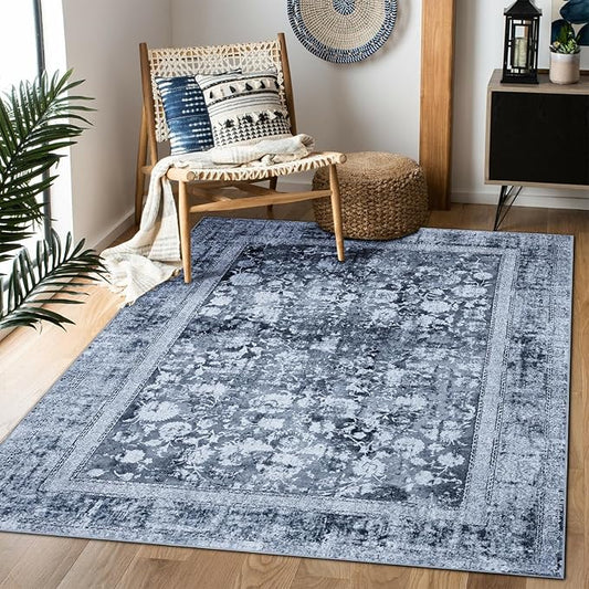 Area Rug 3×5, Vintage Boho Rug,Ultra-Soft Low Pile, Washable, Non Slip,Stain Resistant Printed Carpet for Living Room Bedrooms Playroom Office Kitchen, Solid/Blue