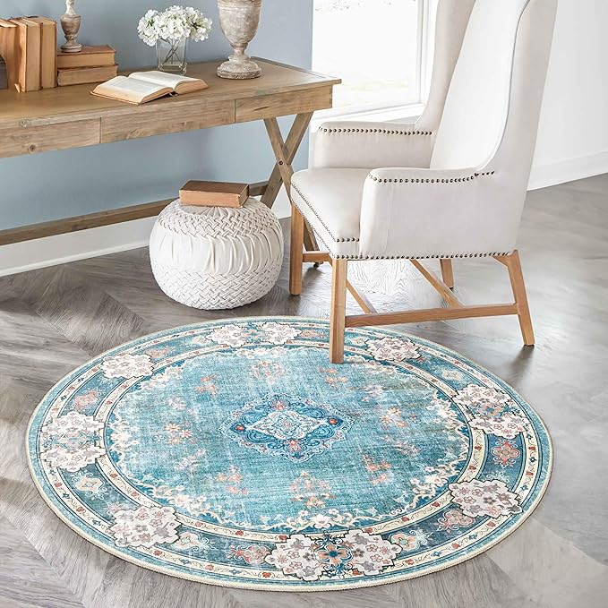 MUJOO Teal Round Rug 4ft,Circle Washable Area Rugs for Bedroom Living Room Bathroom,Boho Small Non Slip Circular Carpet,Floral