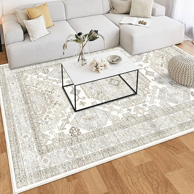 Area Rugs 8x10 for Living Room,Washable Boho 8x10 Area Rugs for Bedroom,Non Slip Carpet for Kitchen, Dining Room, Indoor, Kids Playroom Soft Low-Pile Rug, Thickness 0.2 Inches, Beige/Neutral