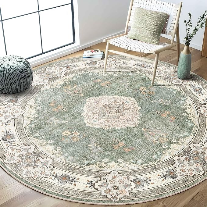 MUJOO Green Round Rug 6ft,Circle Washable Area Rugs for Bedroom Living Room Bathroom,Boho Large Non Slip Circular Carpet,Sage Floral