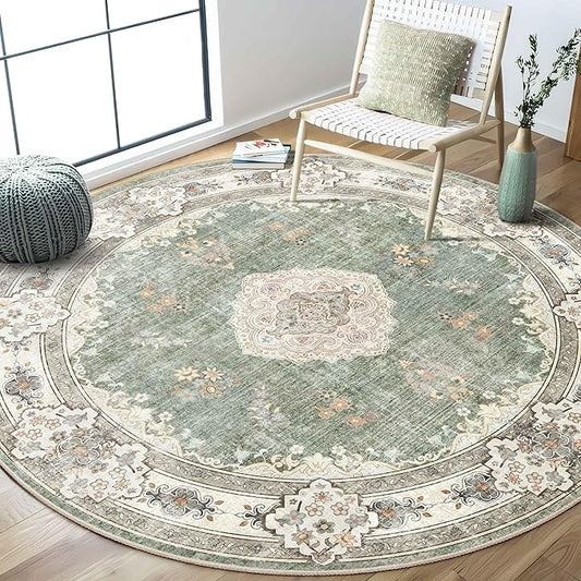 MUJOO Green Round Rug 6ft,Circle Washable Area Rugs for Bedroom Living Room Bathroom,Boho Large Non Slip Circular Carpet,Sage Floral