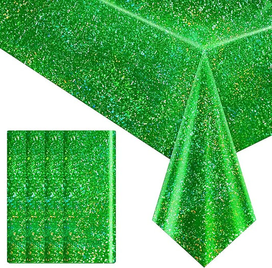 4 pcs Green Holographic Laser Tablecloth 40" x 108" Christmas Table Cloth Shimmer Shining Plastic Metallic Table Cover for Jungle Safari Wild One Baby Shower Birthday Party Decoration Supplies