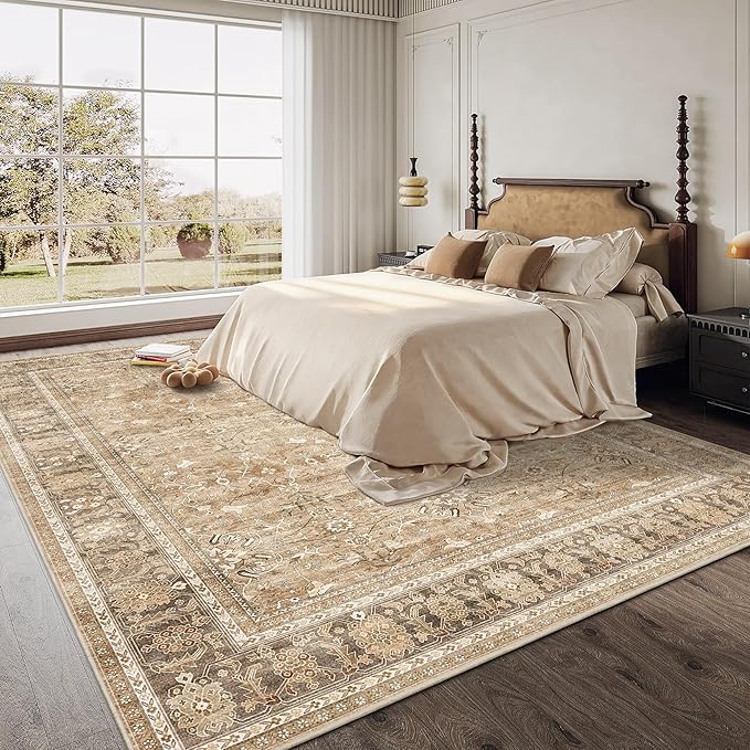 HelloTree Washable Rugs 8x10 Area Rug for Living Room, Vintage Boho Khaki Rug Non Slip Carpet Retro Accent Indoor Mat Print Distressed Low Pile Throw Large Rug for Office Dining Room Bedside-Khaki