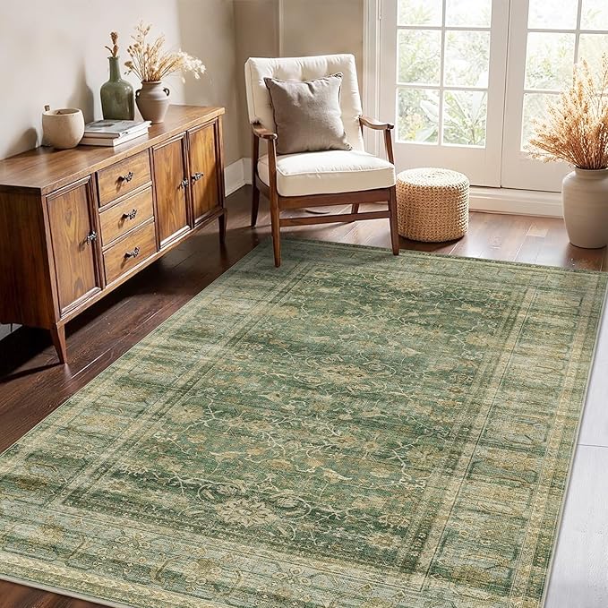HelloTree Vintage Area Rug 3x5 Green Entryway Office Washable Carpet Non Slip Backing Printed Distressed Rugs for Bedroom Vintage Boho Tribal Area Rugs for Bathroom Bedroom Dining Living Room-Green