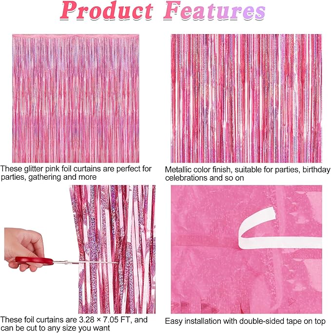12 Pack Pink Backdrop, 3.28 FT x 7.05 FT Foil Streamers, Metallic Glitter Backdrop Pink Tinsel Fringe Curtains Party Streamers, Pink Birthday Valentines Day Party Decorations Photo Booth Props