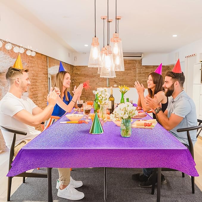 4 pcs Purple Holographic Laser Tablecloths Iridescence Shiny Table Covers 40" x 108" Foil Disposable Rectangle Table cloths for Halloween Bachelorette Birthday Party Wedding Anniversary Decor