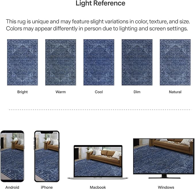 ReaLife Rugs Machine Washable Area Rug Runner - Living Room Bedroom Bathroom Kitchen Entryway Office - Padded Low Pile Stain Resistant Premium - Boho Vintage Traditional - Lyle - Blue 3' x 5'