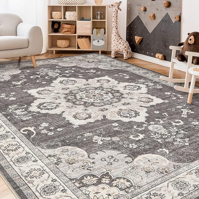 Area Rug for Living Room - 5x7 Soft Washable Oriental Vintage Floral Distressed Large Carpet - Fade Stain Resistant Non Slip Rugs for Bedroom Dining Room Nursery Dorm Office Home Decor - Brown/Grey