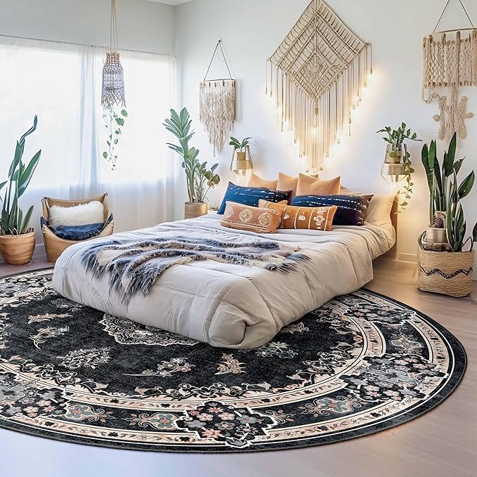 MUJOO Black Round Rug 9ft,Large Circle Washable Area Rugs for Bedroom Living Room Bathroom,Boho Non Slip Circular Carpet,Floral