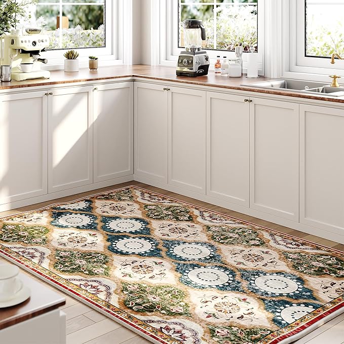 EnHomee Boho Chic 4x6 Washable Rug - Soft, Low Pile & Durable for High-Traffic Living Rooms & Bedrooms Stain Resistant, Non-Slip Easy Clean Carpet in Red&Green