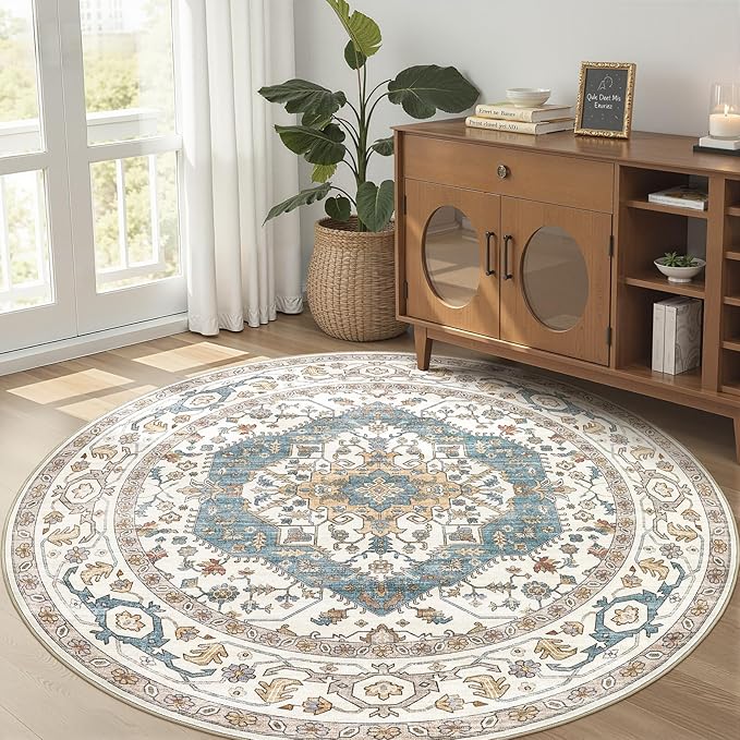 Area Rug for Living Room - 5x5 Soft Washable Oriental Vintage Floral Distressed Large Carpet - Fade Stain Resistant Non Slip Rugs for Bedroom Dining Room Nursery Dorm Office Home Decor - Blue/Beige