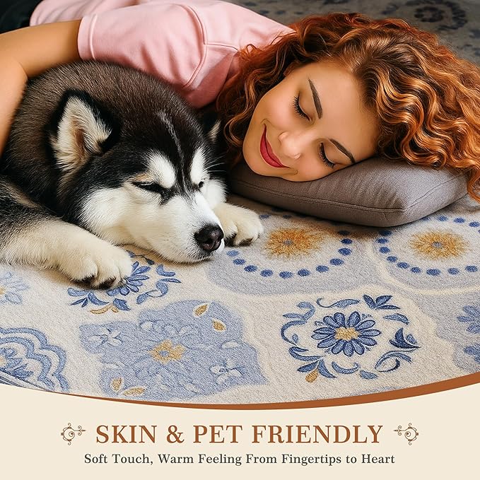 EnHomee Area Rugs 3x5, Soft Washable Rugs for Living Room Bedroom, Boho Non Slip Low Pile Stain Resistant Washable Rug Large Carpet for Dining Room,Easy to Clean Living Room Rug, Blue