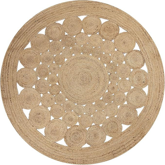 REDEARTH · Round Area Rug - 5 Feet Braided Scalloped Abaca Embrace Natural Jute Rug- Artisan Made Boho Jute Patterned Rugs for Bedroom, Kitchen, Living Room, Farmhouse, Handmade Vintage Décor