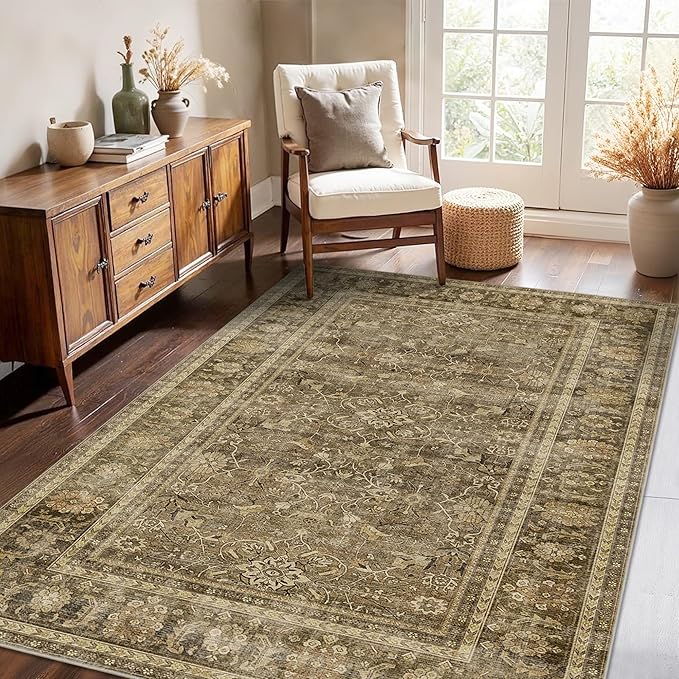 HelloTree Vintage Area Rug 4x6 Brown Entryway Office Washable Carpet Non Slip Backing Printed Distressed Rugs for Bedroom Vintage Boho Tribal Area Rugs for Bathroom Bedroom Dining Living Room-Brown
