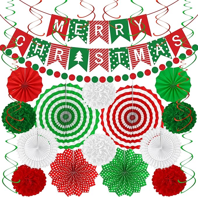 28PCS Christmas Decorations, Christmas Banner Paper Fans Set, Red White Green Pompom Garland Paper Fans Hanging Swirls for Xmas Party Decorations Accessories Indoor Supplies Decor Ugly Sweater Set