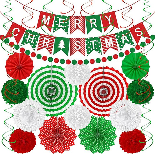 28PCS Christmas Decorations, Christmas Banner Paper Fans Set, Red White Green Pompom Garland Paper Fans Hanging Swirls for Xmas Party Decorations Accessories Indoor Supplies Decor Ugly Sweater Set