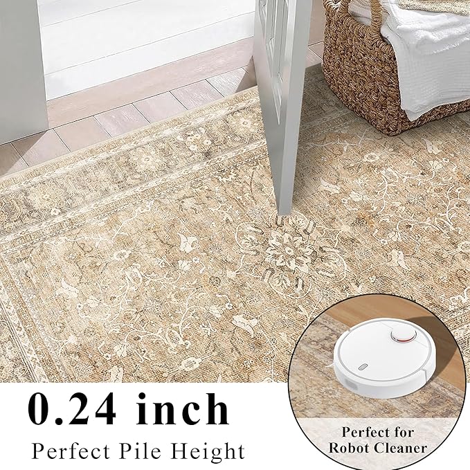 2x6 Runner Rug for Hallways Vintage Distressed Non Slip Long Carpet Floral Boho Distress Print Pattern Mat Lightweight Retro Accent Throw Carpet for Kitchen Bedroom Bedside Laundry Room-Khaki