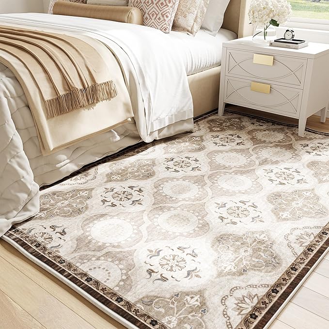 EnHomee Area Rugs 3x5, Soft Washable Rugs for Living Room Bedroom, Boho Non Slip Low Pile Stain Resistant Washable Rug Large Carpet for Dining Room,Easy to Clean Living Room Rug, Khaki