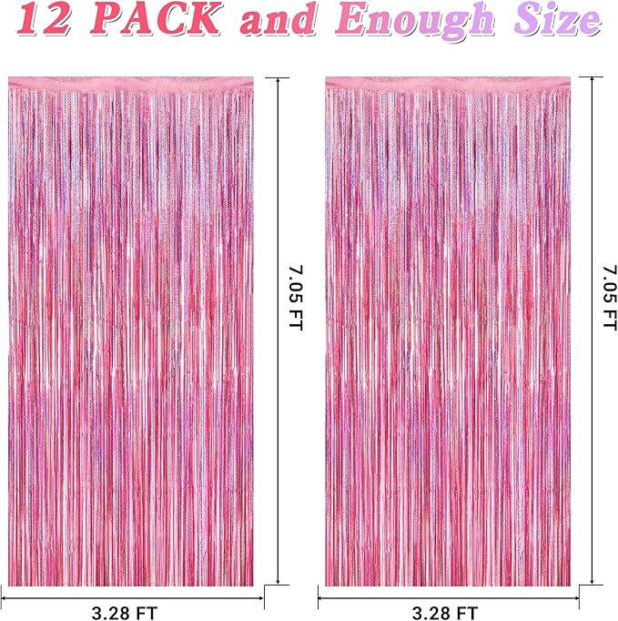 12 Pack Pink Backdrop, 3.28 FT x 7.05 FT Foil Streamers, Metallic Glitter Backdrop Pink Tinsel Fringe Curtains Party Streamers, Pink Birthday Valentines Day Party Decorations Photo Booth Props