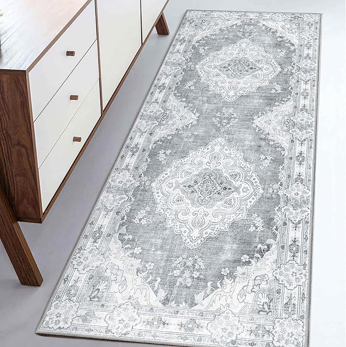 MUJOO Grey Runner Rug 2'x6', Long Washable Rug Runners for Hallways Entryway Kitchen Bathroom Bedside,Boho Vintage Bohemian Distressed Farmhouse Non Slip Carpet,Floral
