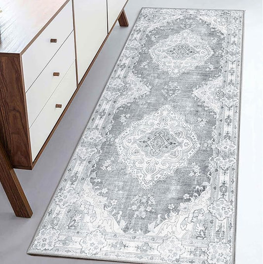 MUJOO Grey Runner Rug 2'x6', Long Washable Rug Runners for Hallways Entryway Kitchen Bathroom Bedside,Boho Vintage Bohemian Distressed Farmhouse Non Slip Carpet,Floral
