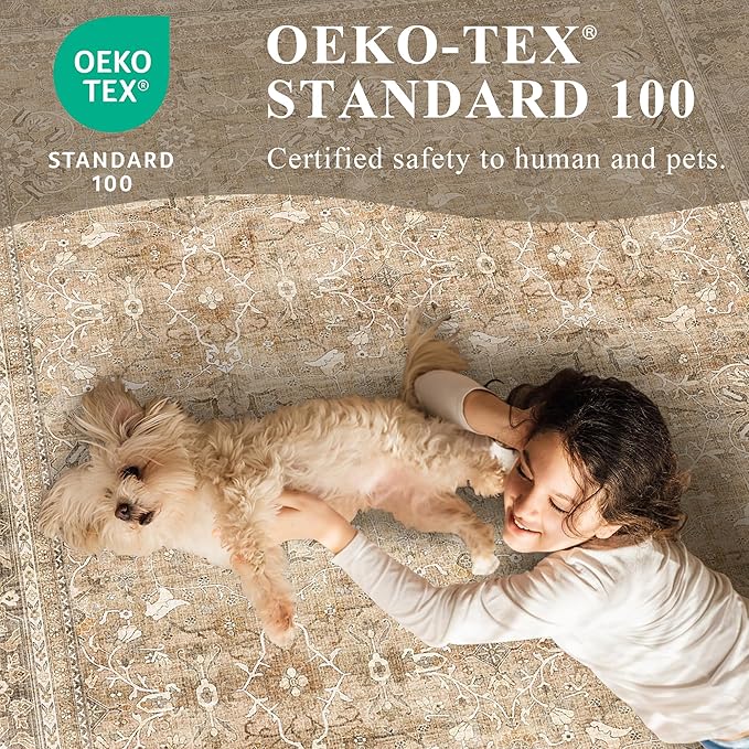 HelloTree Vintage Area Rug 3x5 Khaki Entryway Office Washable Carpet Non Slip Backing Printed Distressed Rugs for Bedroom Vintage Boho Tribal Area Rugs for Bathroom Bedroom Dining Living Room-Khaki