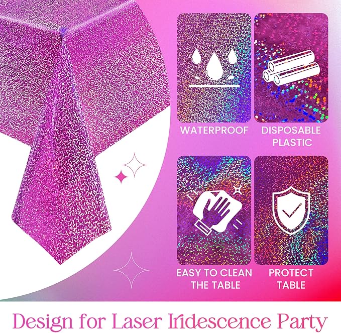 2 Pcs Fuchsia Red Holographic Plastic Tablecloths Laser Table Covers 40" x 108" Foil Disposable Table Cloths for Themed Birthday Party Wedding Christmas Holiday Party Decorations