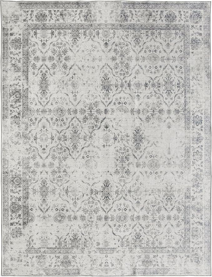 ReaLife Rugs Machine Washable Area Rug - Living Room Bedroom Bathroom Kitchen Entryway Office - Padded Low Pile Stain Resistant Premium - Boho Farmhouse Vintage - Noor - Ivory Grey 7'6" x 9'6"