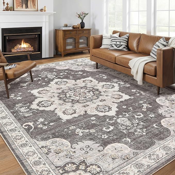 Area Rug for Living Room - 10x14 Soft Washable Oriental Vintage Floral Distressed Large Carpet - Fade Stain Resistant Non Slip Rugs for Bedroom Dining Room Nursery Dorm Office Home Decor - Brown/Grey