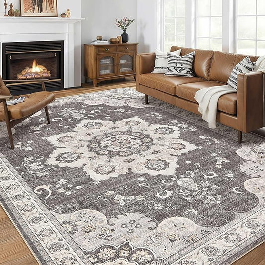 Area Rug for Living Room - 10x14 Soft Washable Oriental Vintage Floral Distressed Large Carpet - Fade Stain Resistant Non Slip Rugs for Bedroom Dining Room Nursery Dorm Office Home Decor - Brown/Grey