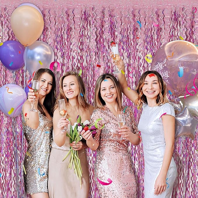 Pink Streamers Fringe Backdrop Tinsel Foil Fringe Curtains Wavy Backdrop for Parties Sparkle Metallic Wavy Foil Fringe Backdrop Curtain Photo Booth Props for Birthday Wedding