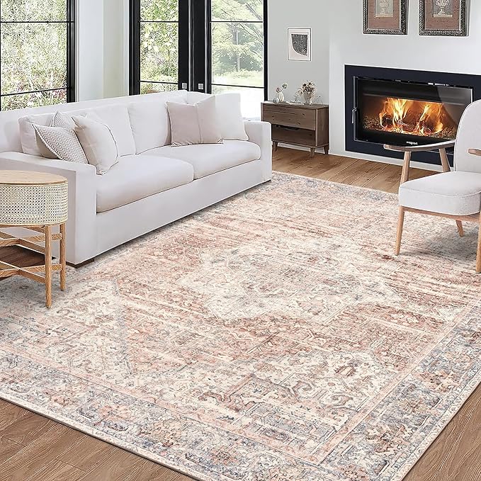 ReaLife Rugs Machine Washable Area Rug - Living Room Bedroom Bathroom Kitchen Entryway Office - Padded Low Pile Stain Resistant Premium - Boho Farmhouse Vintage - Lyle - Gray Ivory Blush 4' x 6'