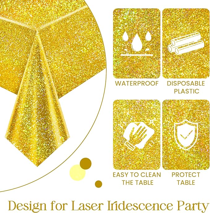 2 pcs Gold Holographic Party Tablecloths 40" x 108" Laser Shiny Table Cloths Plastic Glitter Foil Table Cover for Christmas Wedding Graduation Baby Shower 1920s Birthday Party Anniversary Supplies