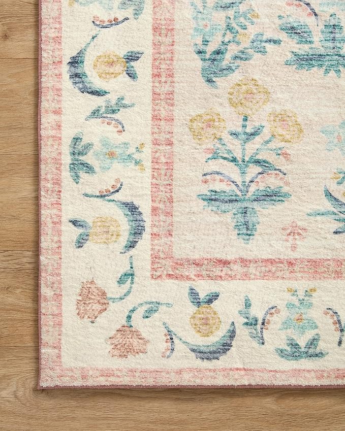 Loloi Rifle Paper Co. Eden Collection EDE-01 Mughal Rose Blush 2'-6" x 7'-6" Runner Rug feat. CloudPile™