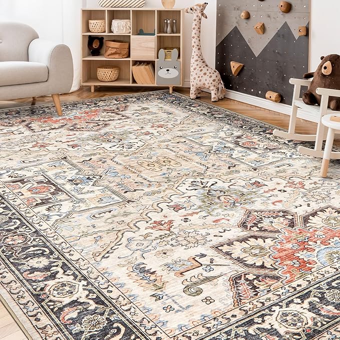 Area Rug for Living Room - 10x12 Soft Washable Oriental Vintage Floral Distressed Large Carpet - Fade Stain Resistant Non Slip Rugs for Bedroom Dining Room Nursery Dorm Office Home Decor - Multi