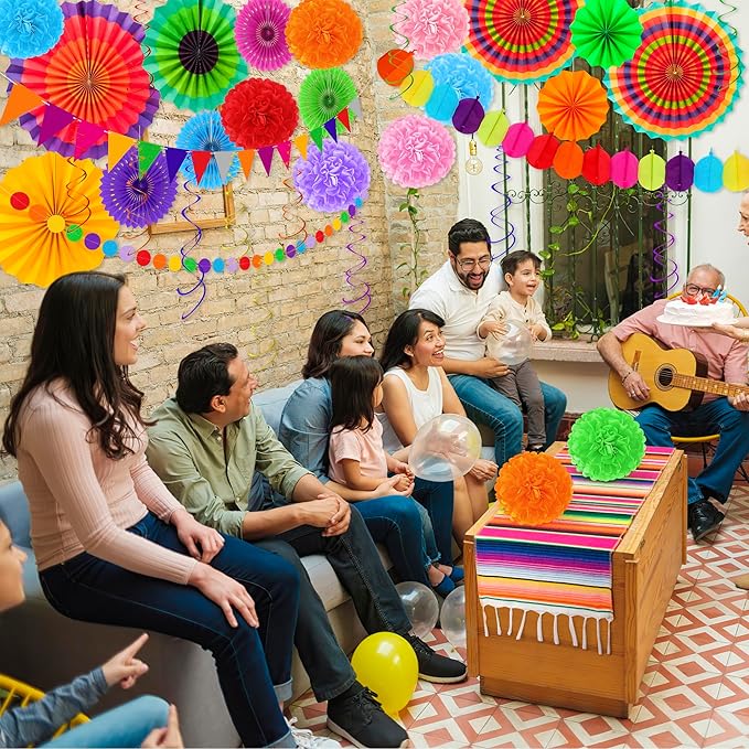 35 PCS Cinco De Mayo Decorations, Fiesta Party Decorations Hispanic Heritage Month Decorations Banner Paper Fans Tissue Pompom Swirls Garland for Day of Dead Mexican Party Decor Supplies Decor