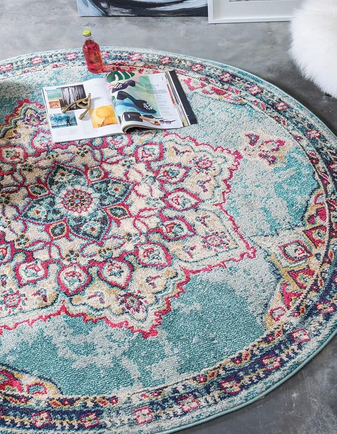 Unique Loom Medici Collection Floral Medallion Traditional Vintage Light Blue Round Rug (6' 0 x 6' 0)