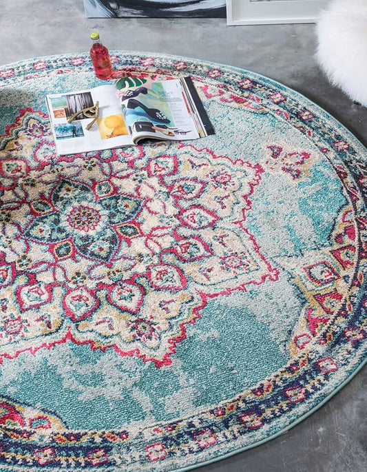 Unique Loom Medici Collection Floral Medallion Traditional Vintage Light Blue Round Rug (6' 0 x 6' 0)