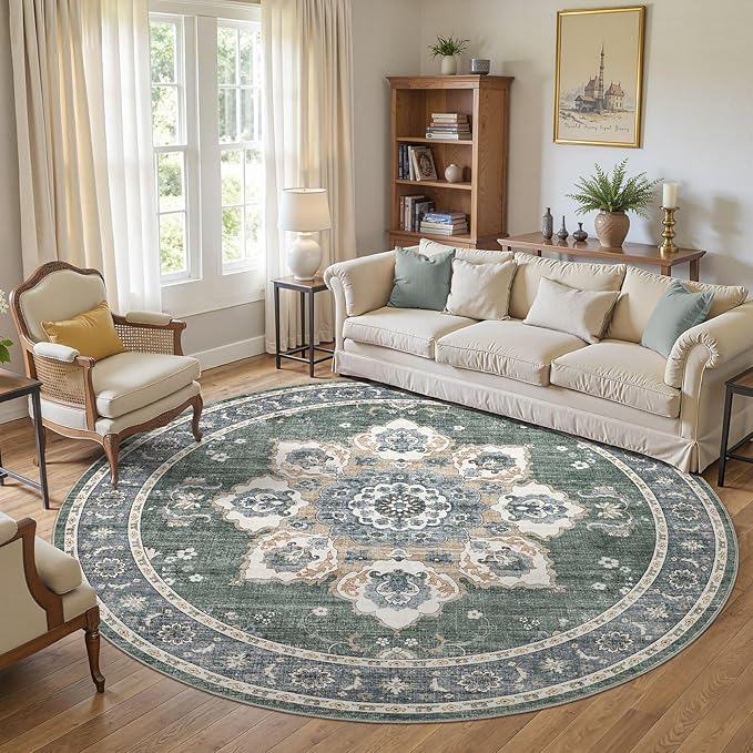 Area Rug for Living Room - 8x8 Soft Washable Oriental Vintage Floral Distressed Large Carpet - Fade Stain Resistant Non Slip Rugs for Bedroom Dining Room Nursery Dorm Office Home Decor - Green